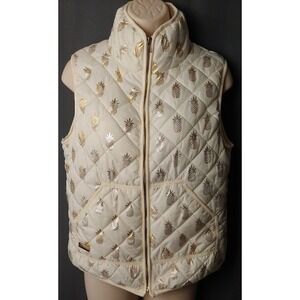 Simply Southern Womens Quilted Vest S White Gold Pineapple Print Sleeveless